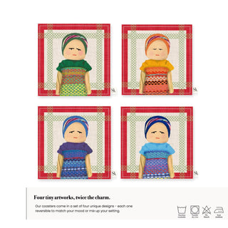 Worry Doll Carmine Linen Coaster / Set 4