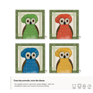 Owl Earth Moss Linen Coaster / Set 4